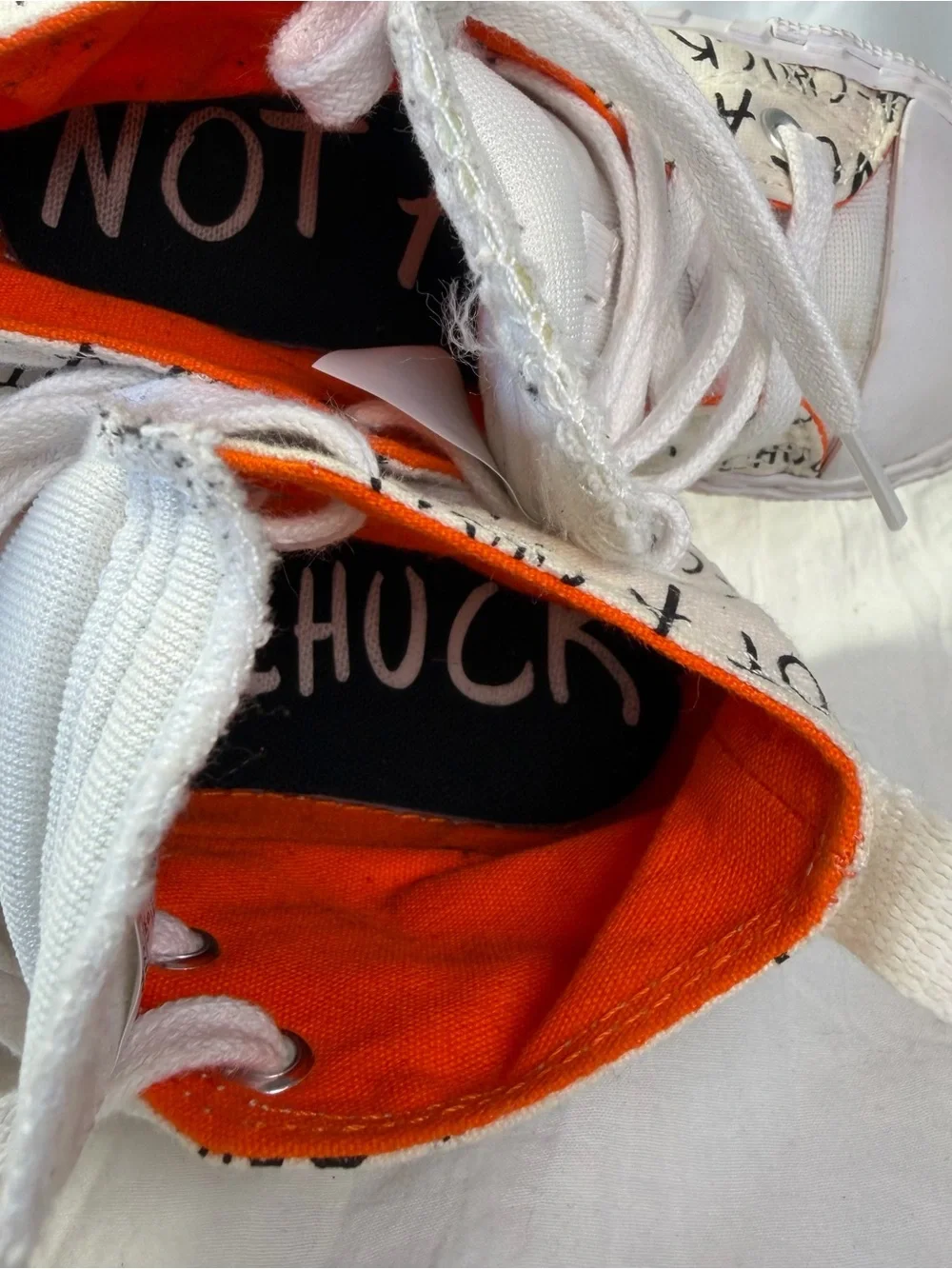 Converse High-Top Toddler sz 8 White & Orange Sneakers - 'Not a Chuck' Graphic